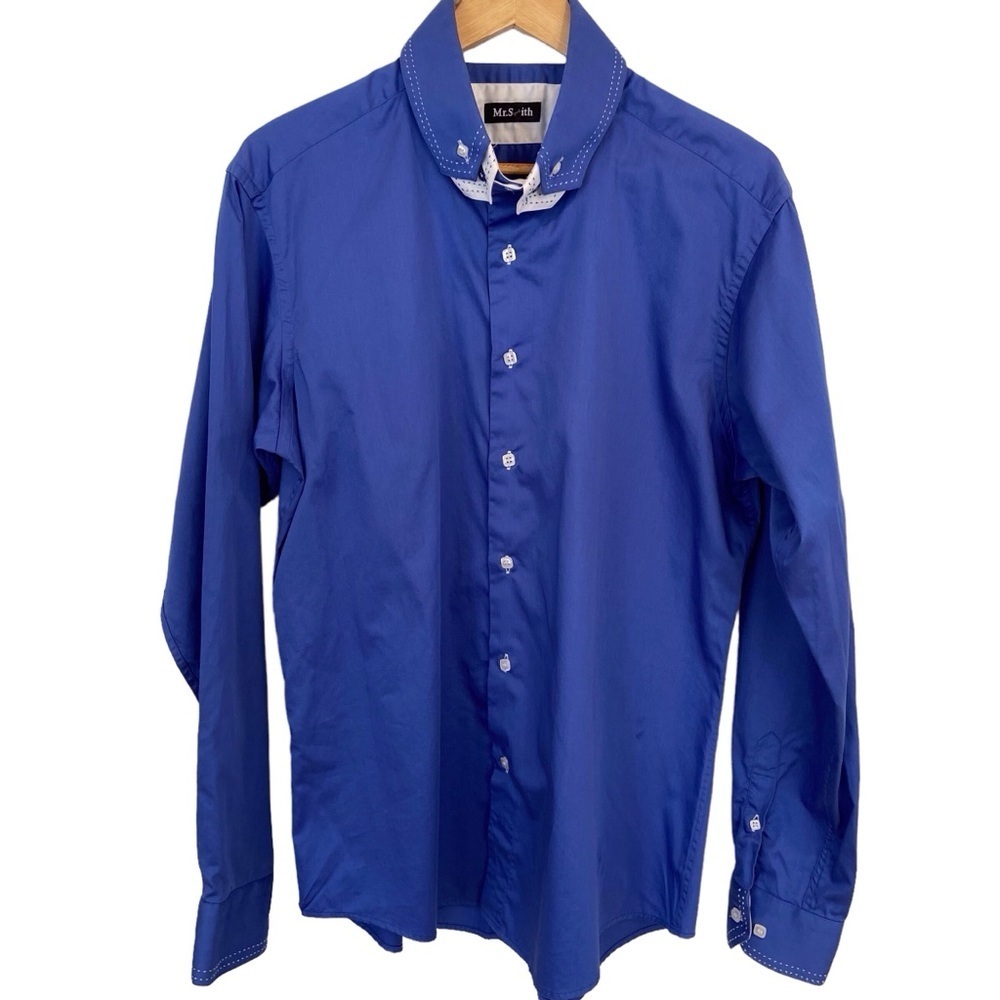 Mr.Smith men dress button up shirt blue white collar long sleeve 100% cotton XL